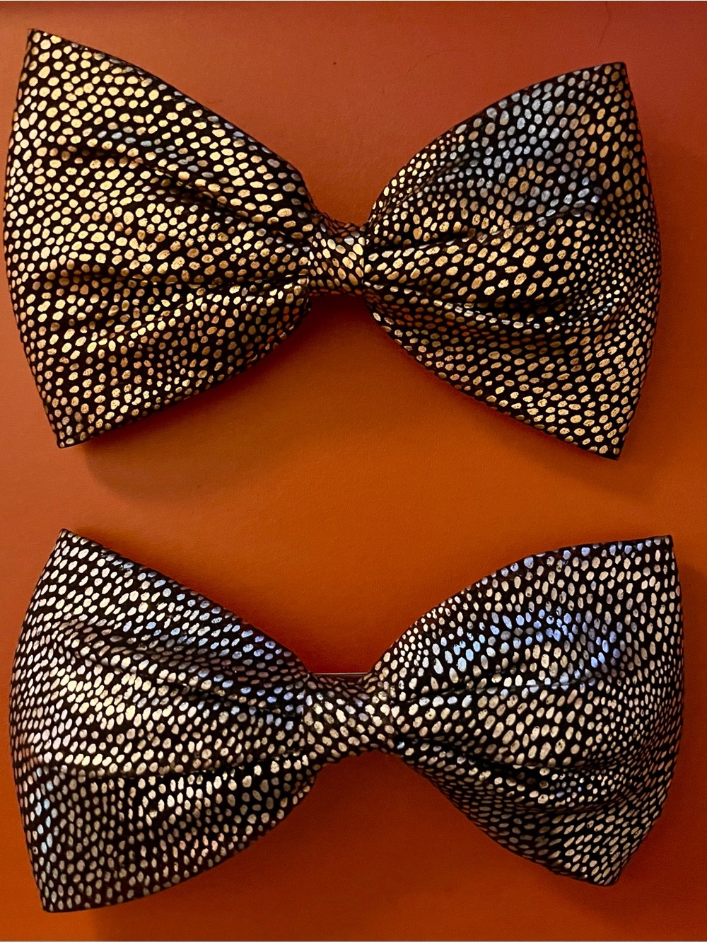 PAIR of VINTAGE Black/Metallic-Dotted Statement Bow Barrettes (Silver + Gold)